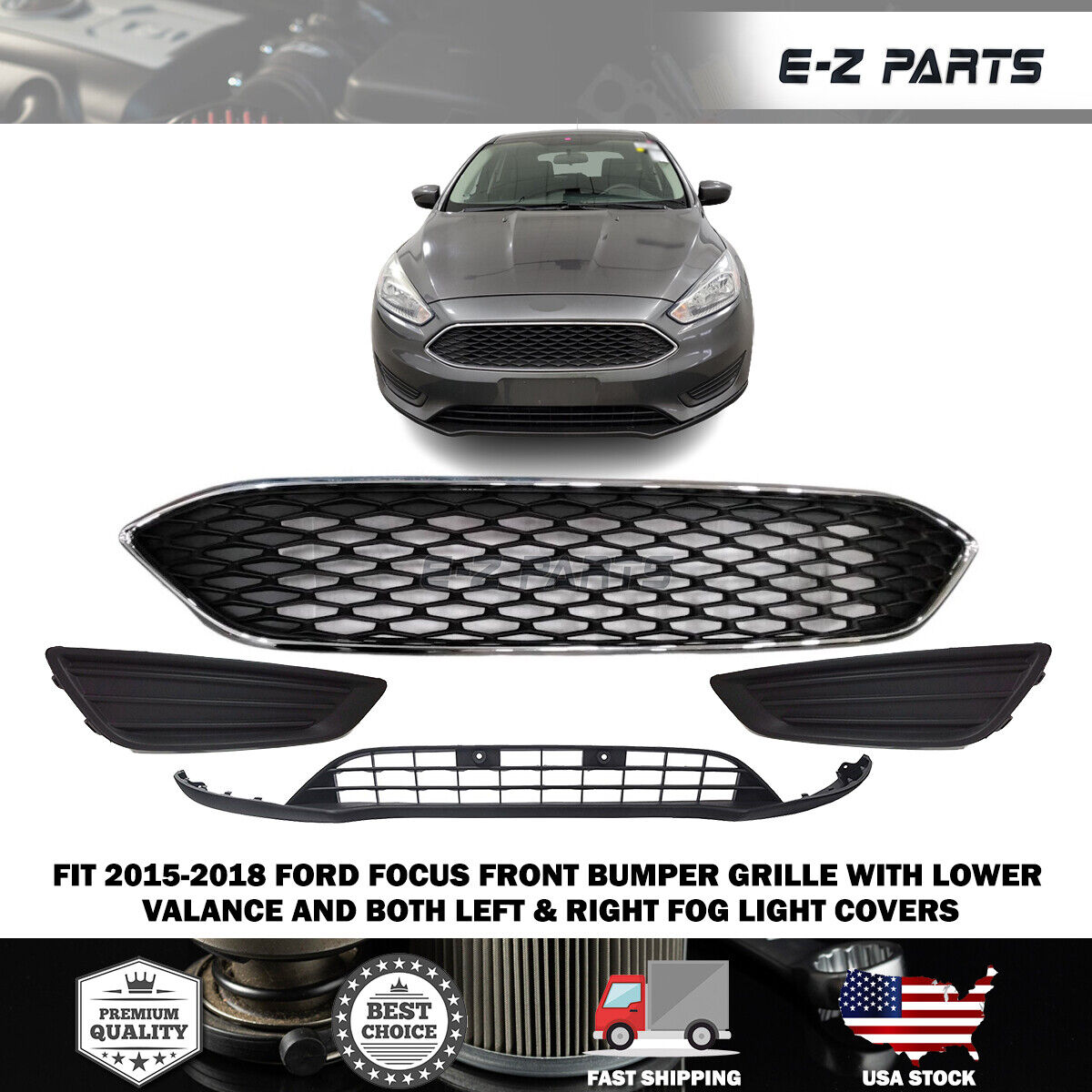 For 2015-2018 Ford Focus Front Bumper Grille with Fog Light Covers and Lower