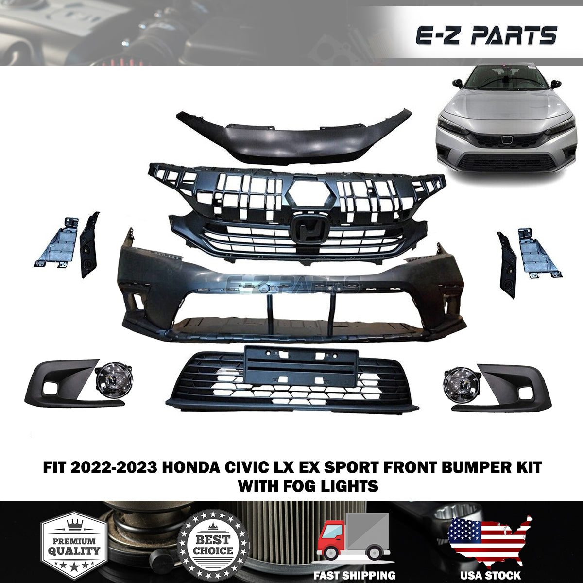 For 2022-2023 Honda Civic LX EX Sport Front Bumper Kit 12 Pieces