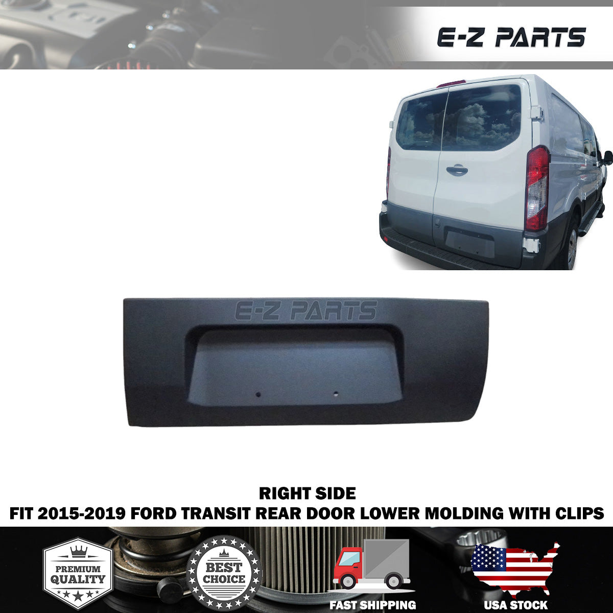 Fit 2015-2019 Ford Transit Right Rear Door Lower Molding without Hole