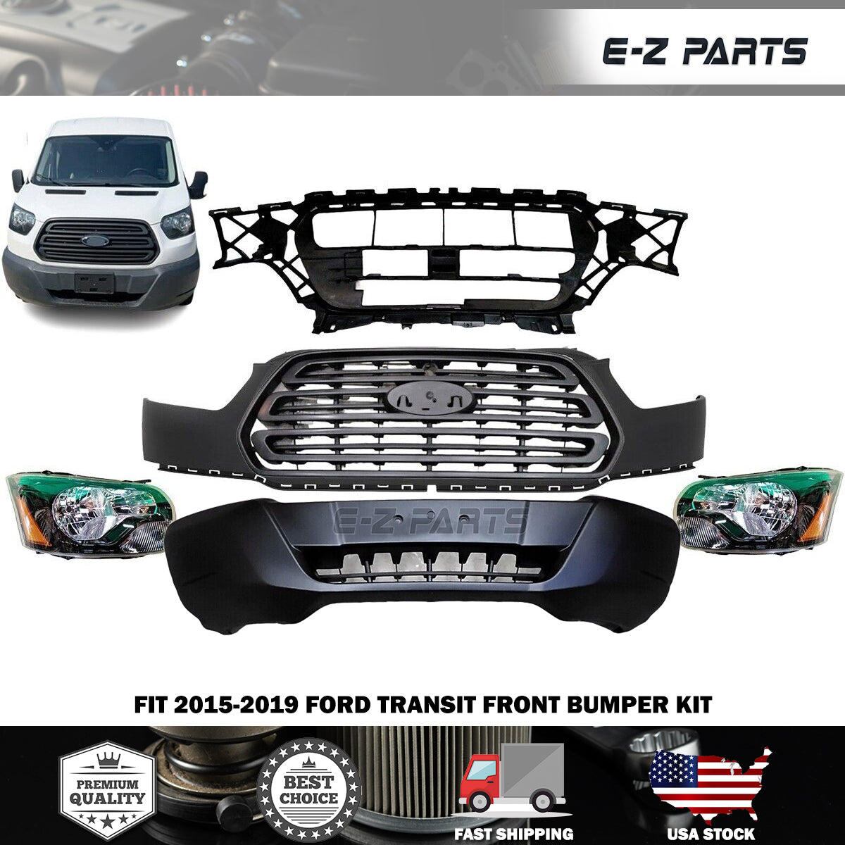 Fit 2015-2019 Ford Transit Front Bumper Kit with Headlights