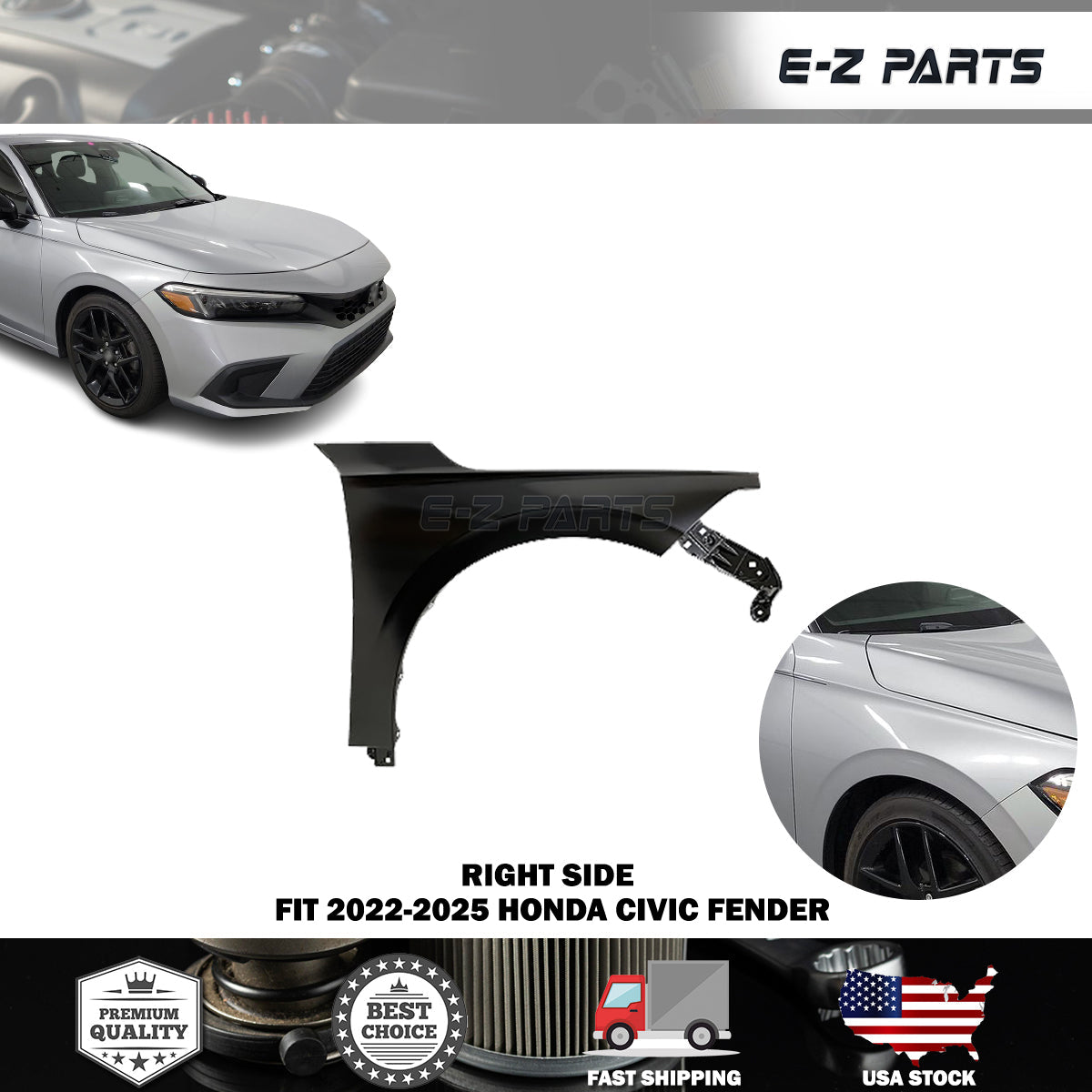 Fit 2022-2025 Honda Civic Primed Fender Passenger Side RH