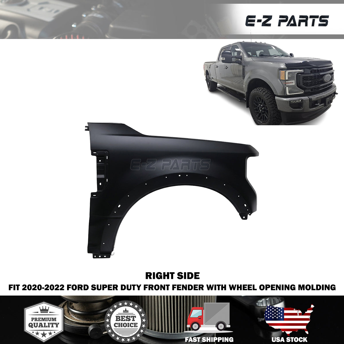 Fit 2020-2022 Ford Super Duty Right Front Fender with Wheel Opening Molding