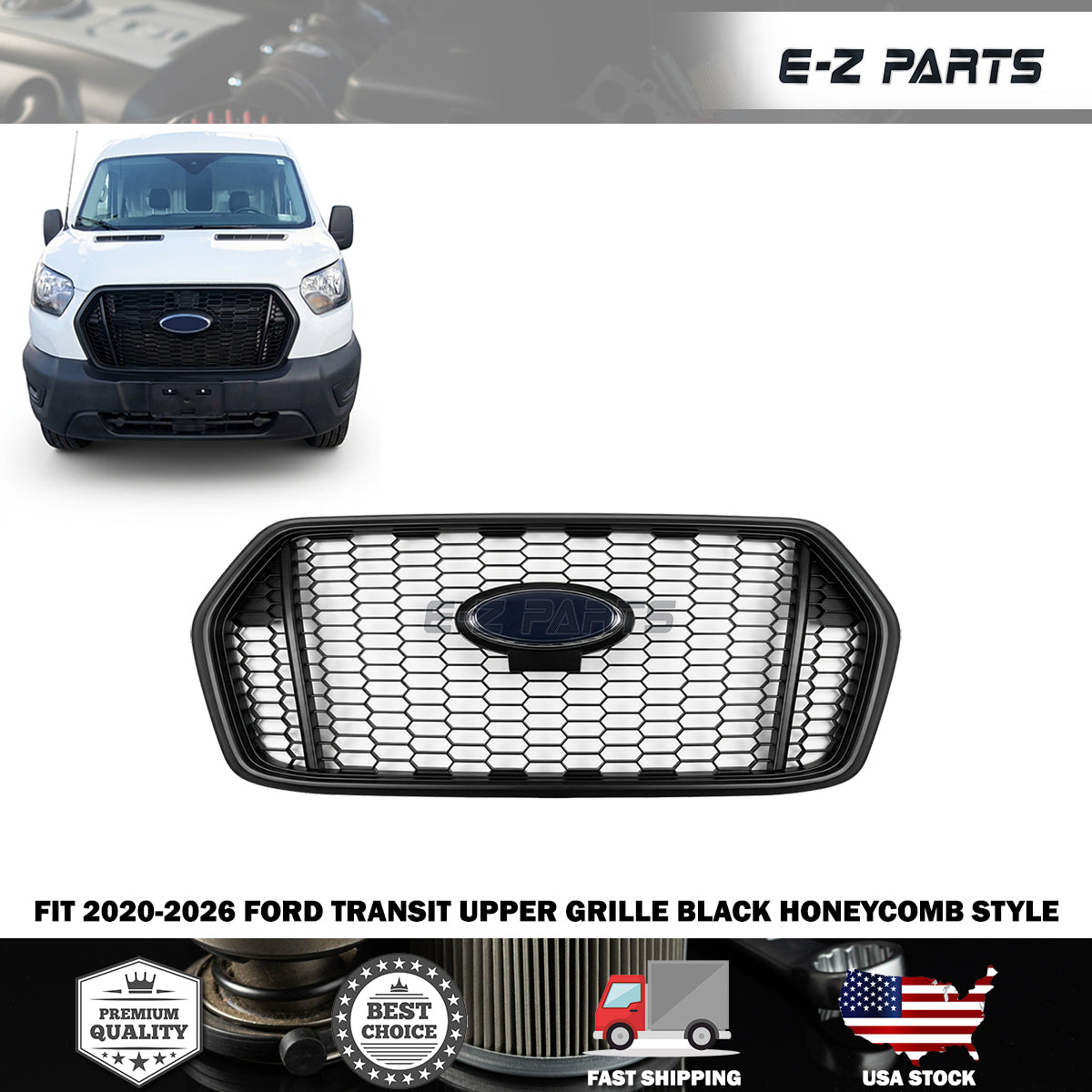 Fit 2020-2026 Ford Transit Upper Grille Black Honeycomb Style