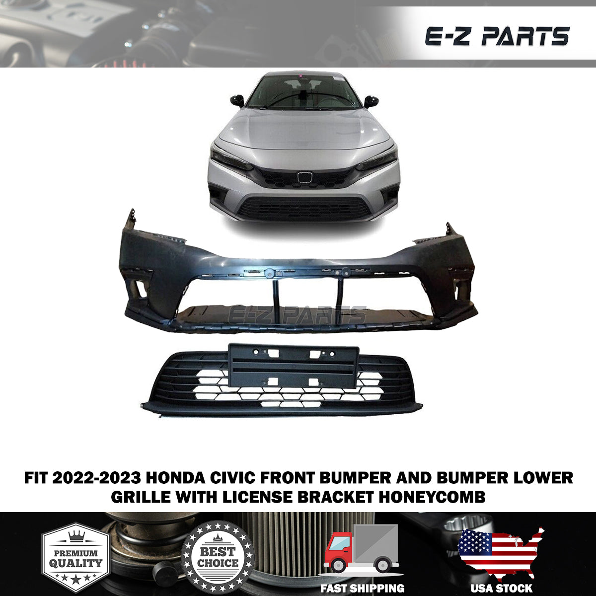 For 2022-2023 Honda Civic Front Bumper and Lower Grille with License Bracket