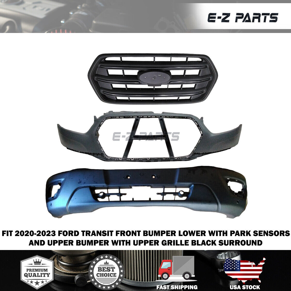 For 2020-2023 Ford Transit Front Bumper Lower with Park Sensors and Upper