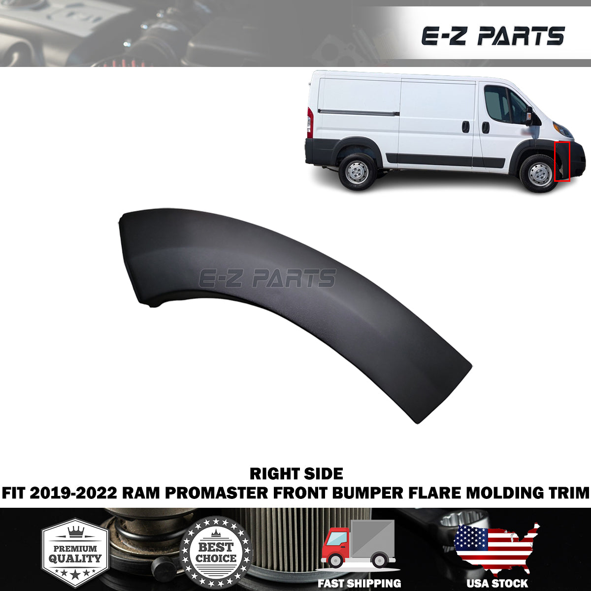 Fit 2019-2022 RAM Promaster Right Front Bumper Flare Molding Trim