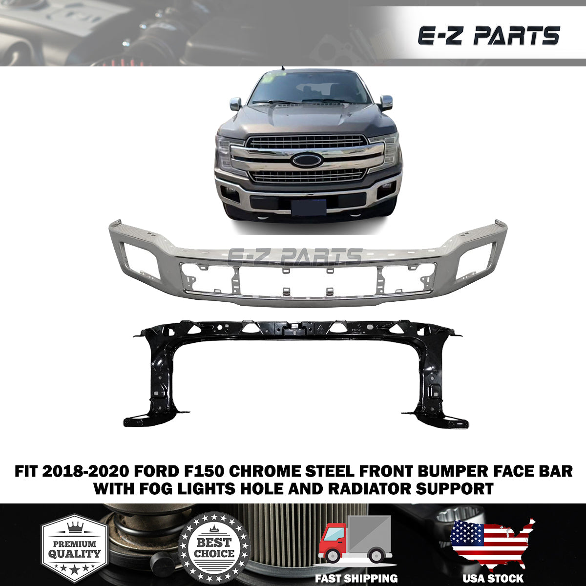 For 2018-2020 Ford F150 Chrome Steel Front Bumper Face Bar with Radiator Support