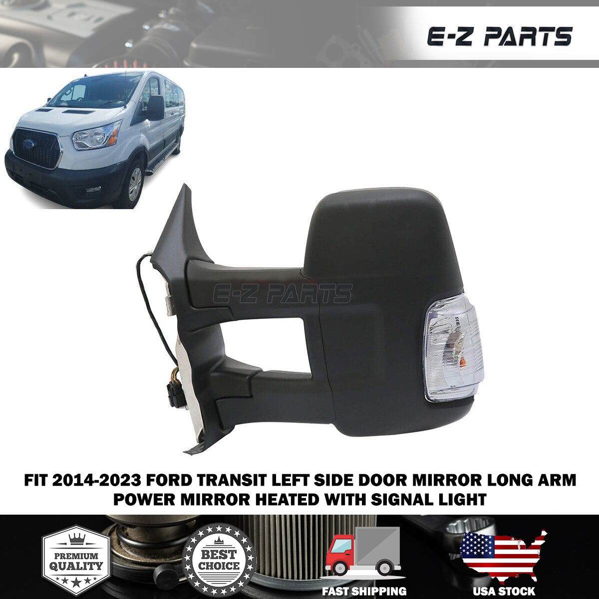 For 2014-2023 Ford Transit Left Side Door Mirror Long Arm with Signal Light LH