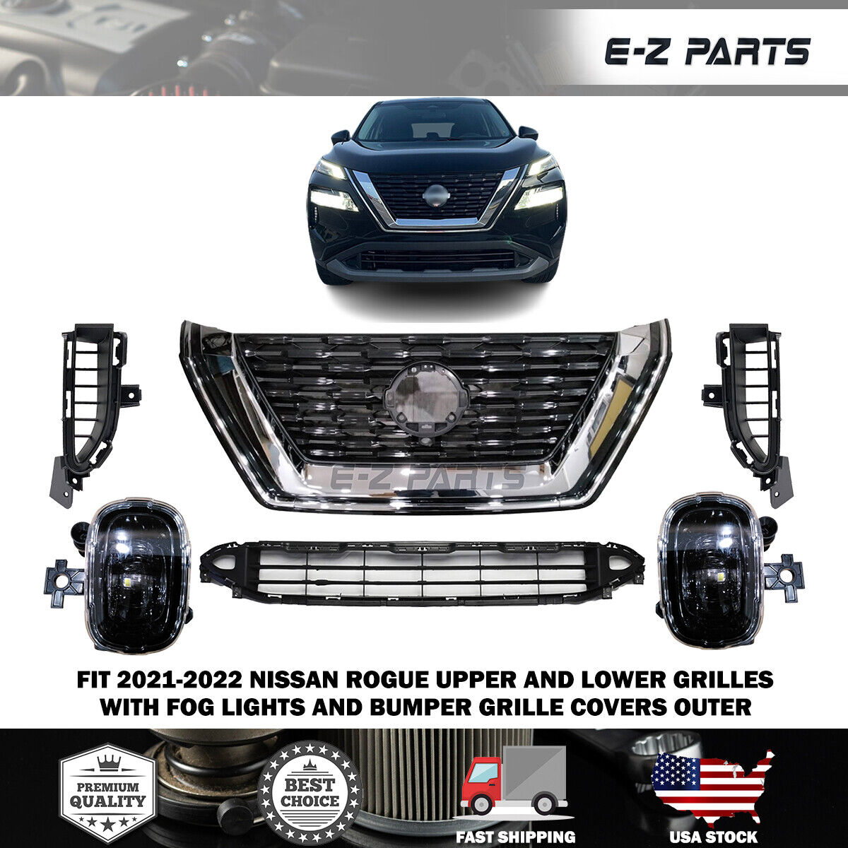 For 2021-2022 Nissan Rogue Upper and Lower Grilles with Fog Lights and Covers