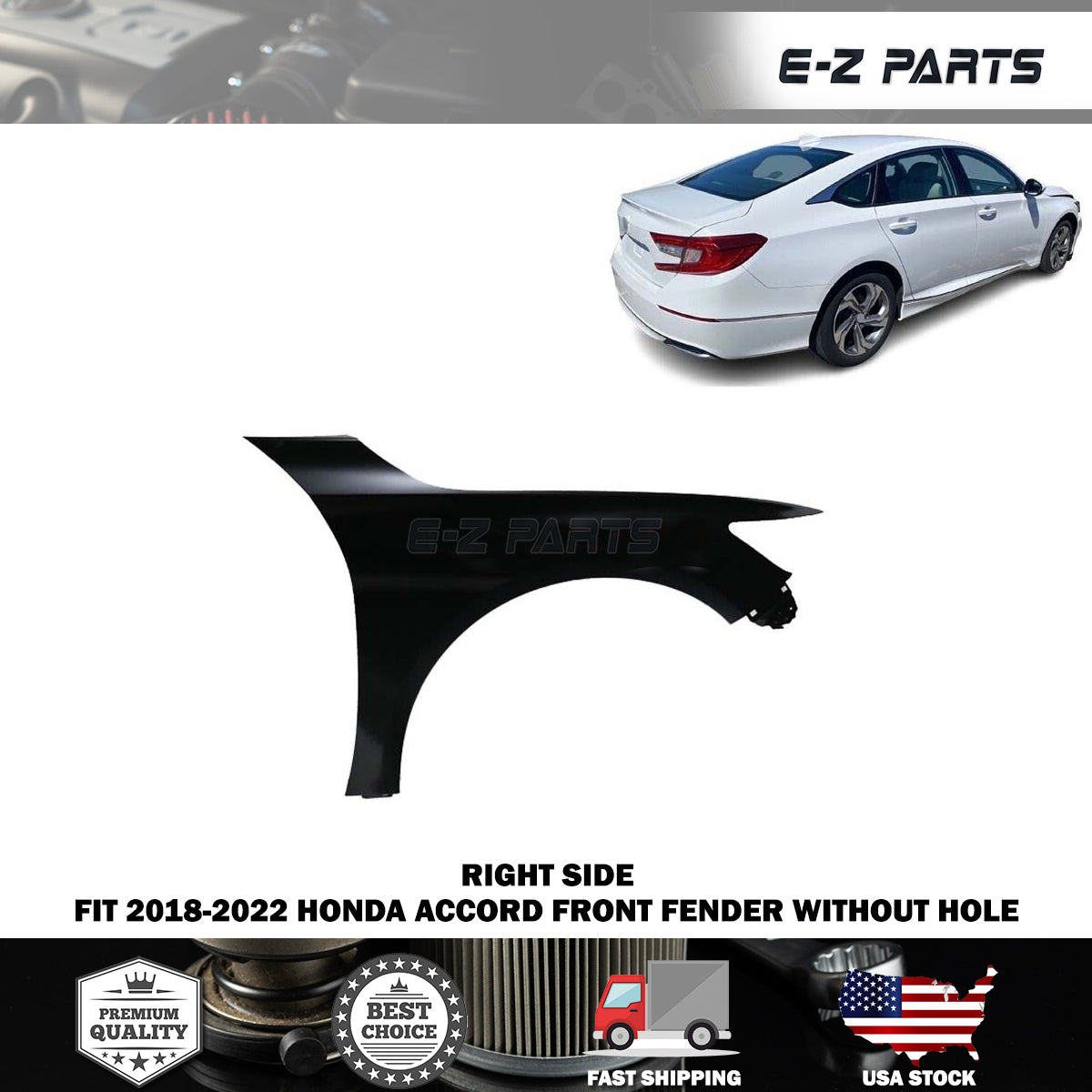 For 2018-2022 Honda Accord Right Front Fender Without Hole Passenger Side RH