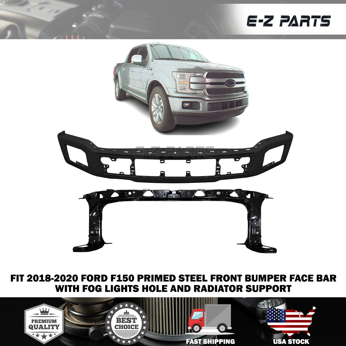 For 2018-2020 Ford F150 Primed Steel Front Bumper Face Bar with Radiator Support