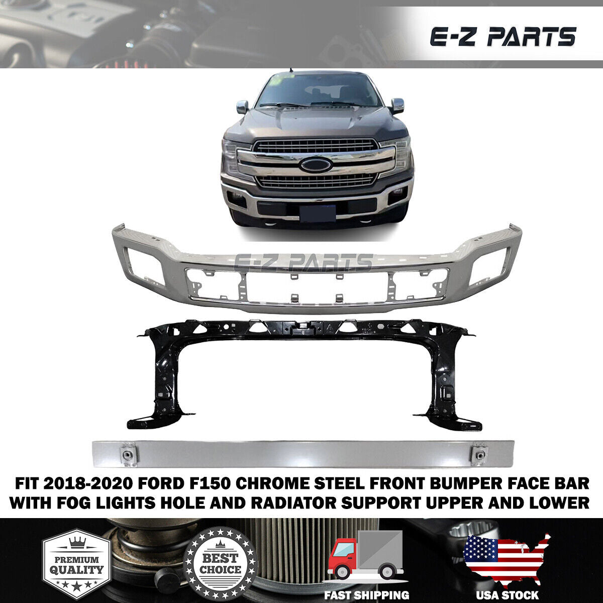 For 2018-2020 Ford F150 Chrome Steel Front Bumper Face Bar with Radiator