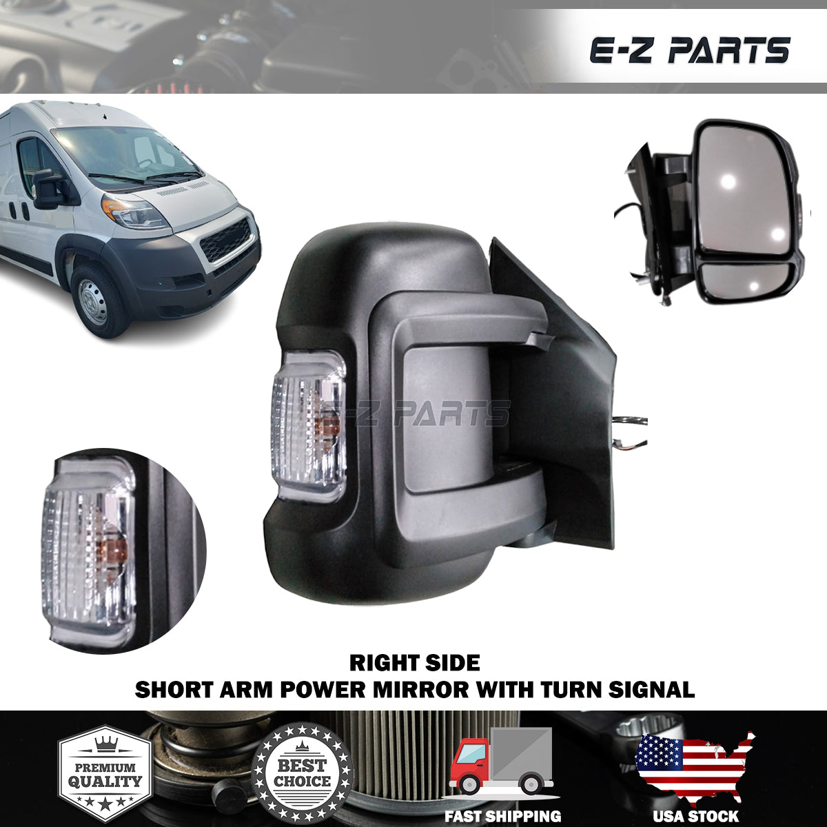 For 2014-2022 RAM Promaster Right Short Arm Power Mirror with Turn Signal