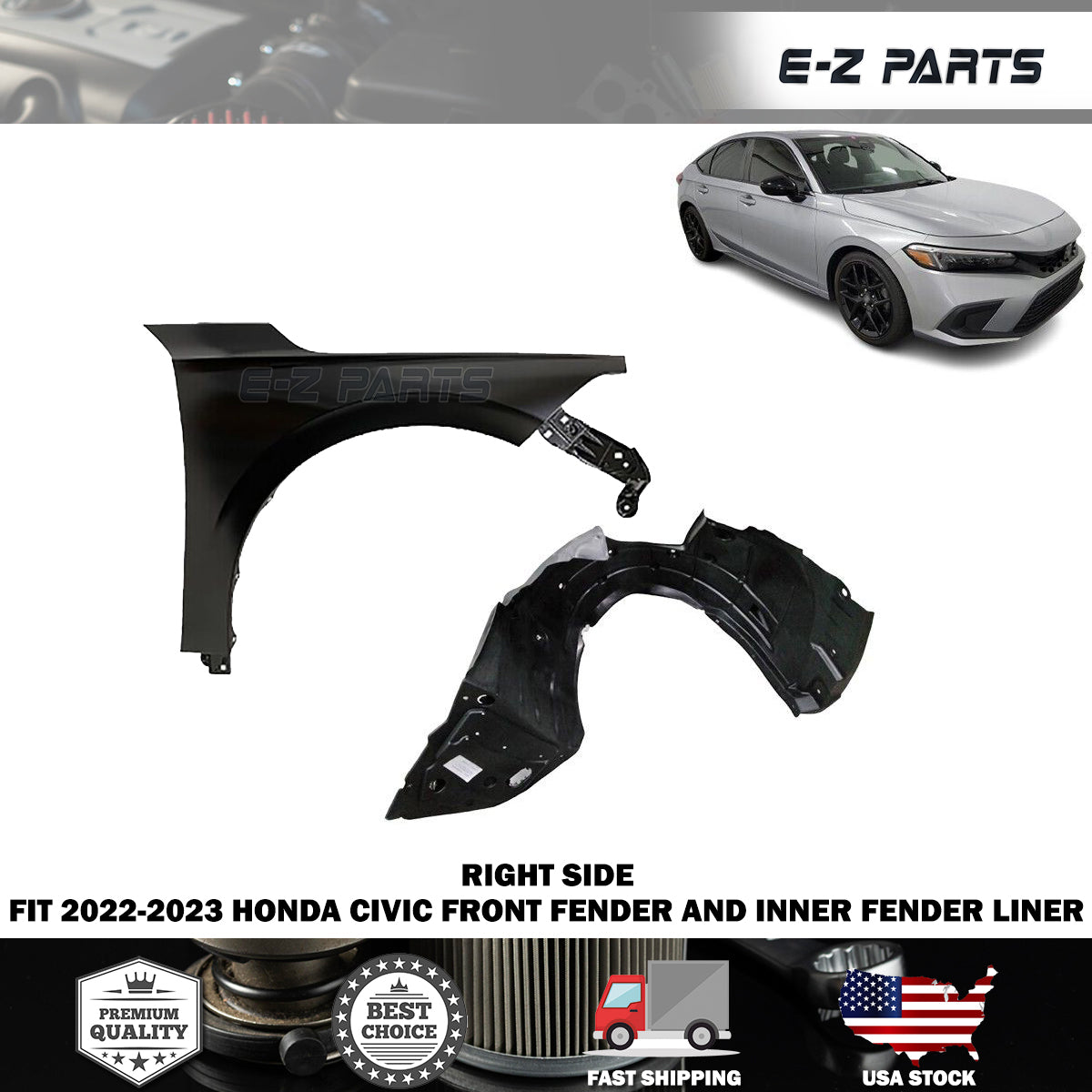 For 2022-2023 Honda Civic Right Front Fender and Inner Fender Liner