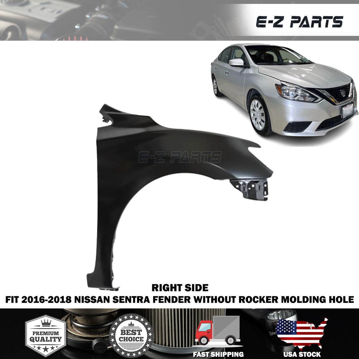 For 2016-2018 Nissan Sentra Right Fender without Rocker Molding Hole Passenger