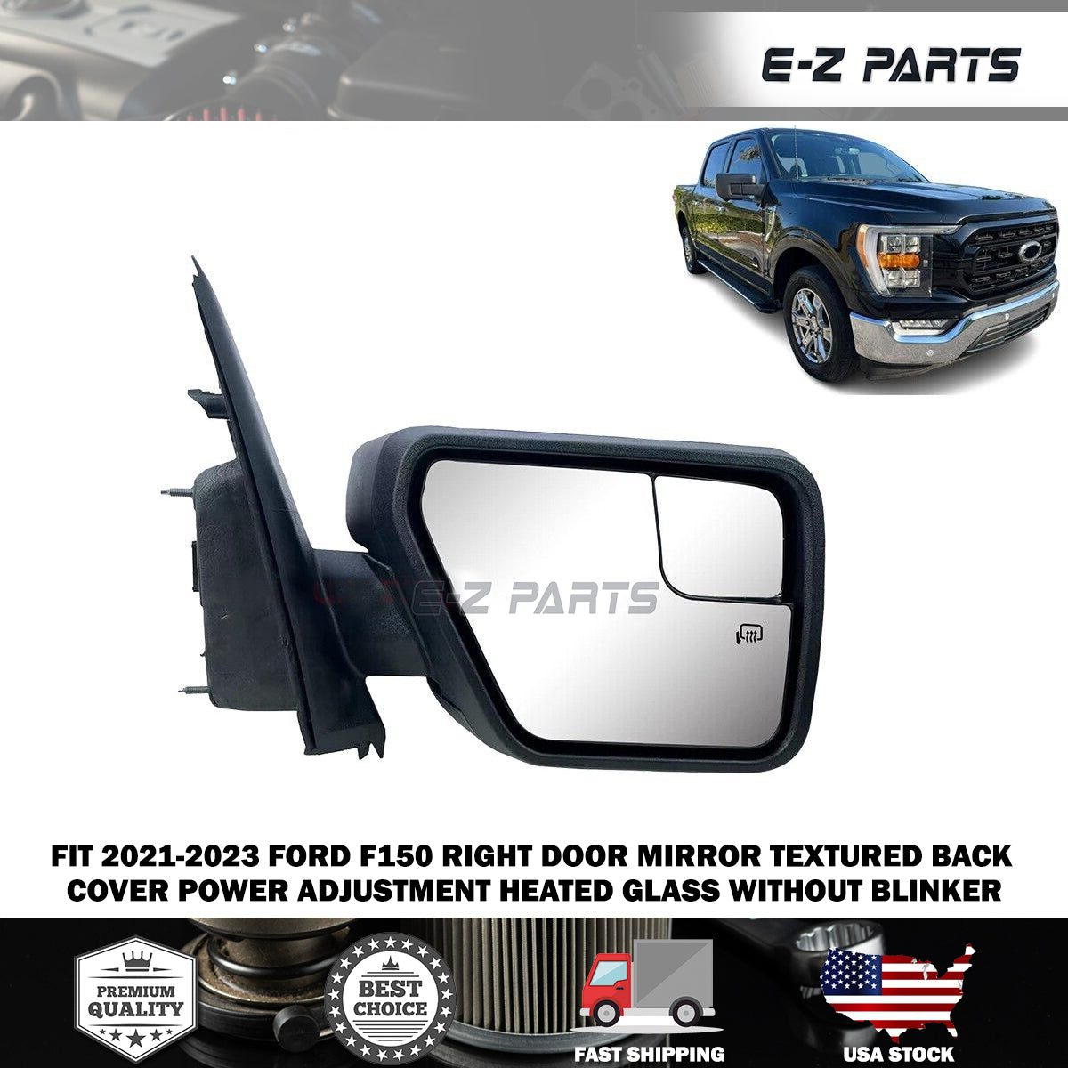 For 2021-2023 Ford F150 Right Door Mirror Textured Back Cover Power Adjustment