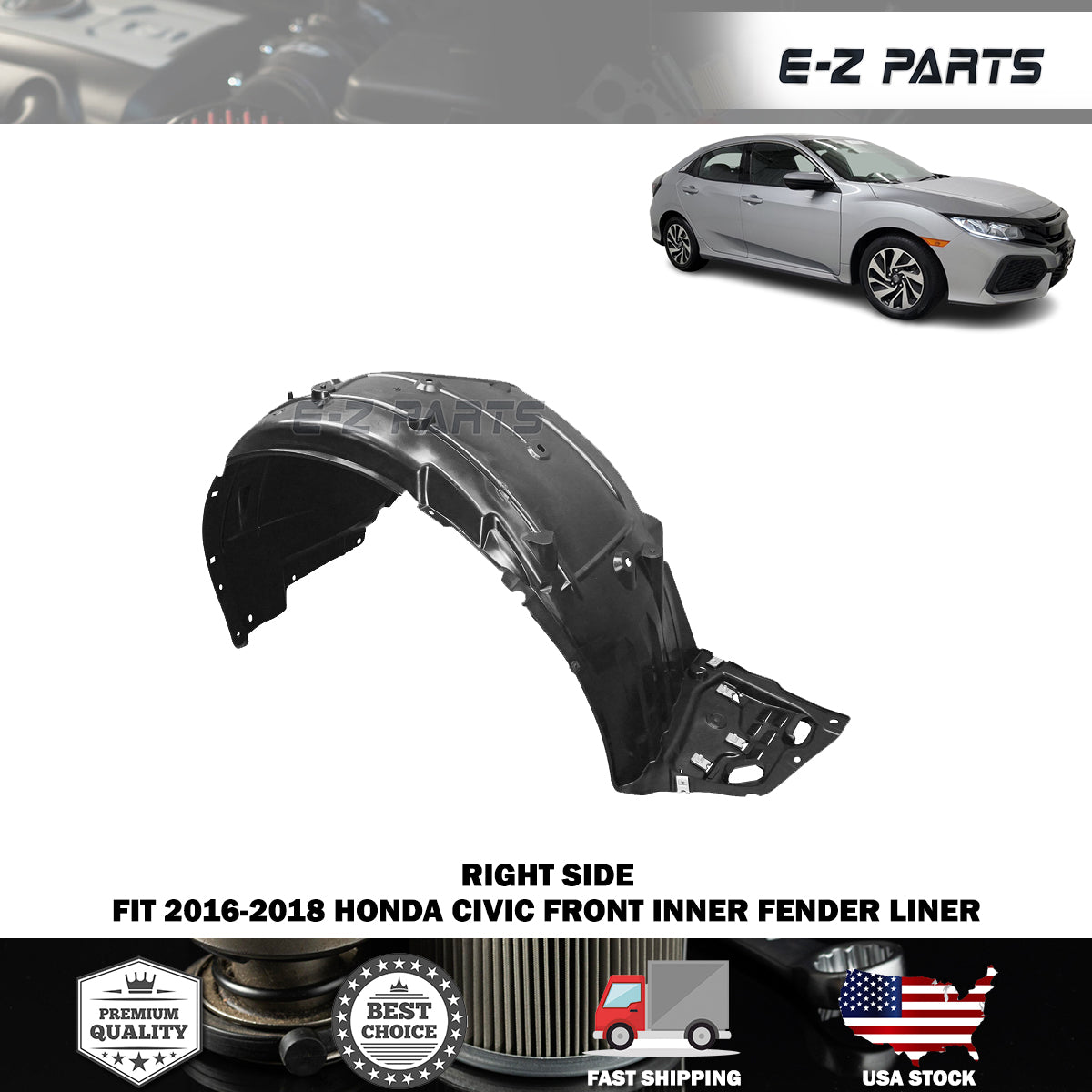 Fit 2016-2018 Honda Civic Right Front Inner Fender Liner