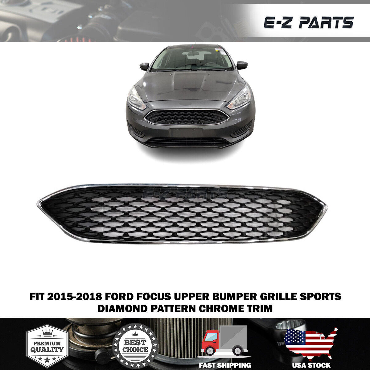 For 2015-2018 Ford Focus Upper Bumper Grille Sports Diamond Pattern Chrome Trim