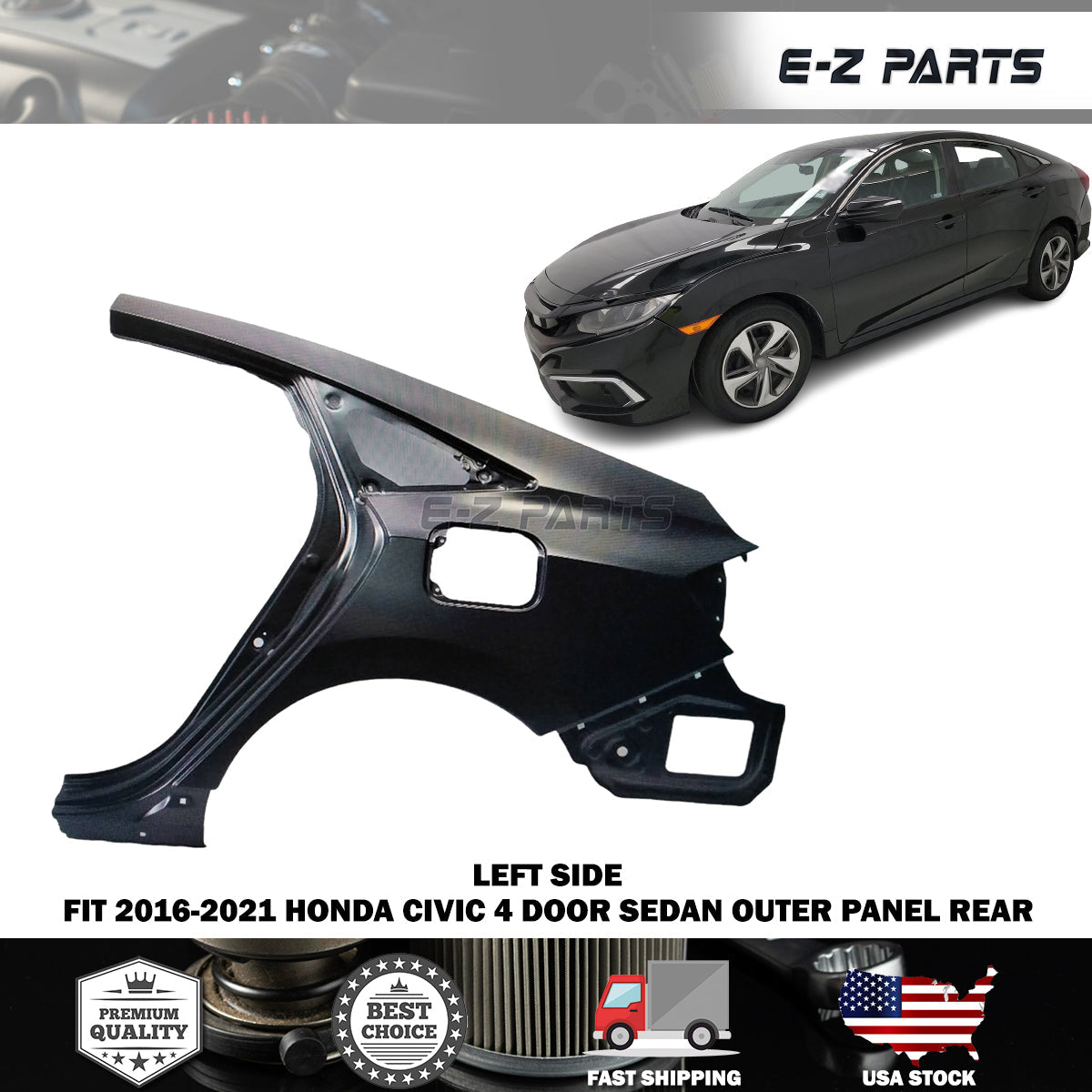 Fit 2016-2021 Honda Civic 4 Door Sedan Outer Panel Rear Driver Side LH