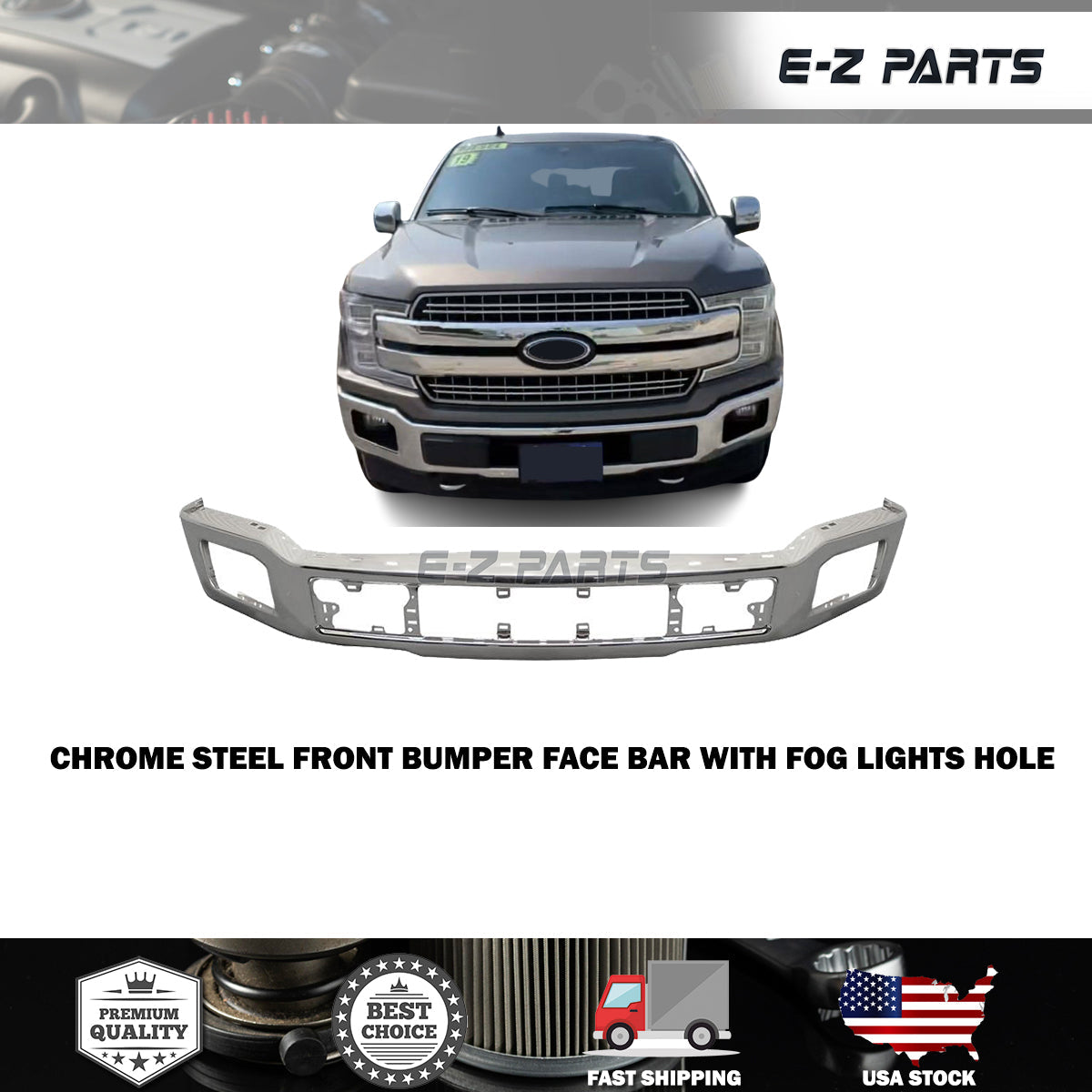 Fit 2018-2020 Ford F150 Chrome Steel Front Bumper Face Bar with Fog Lights Hole