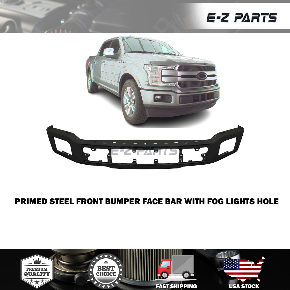 Fit 2018-2020 Ford F150 Primed Steel Front Bumper Face Bar with Fog Lights Hole