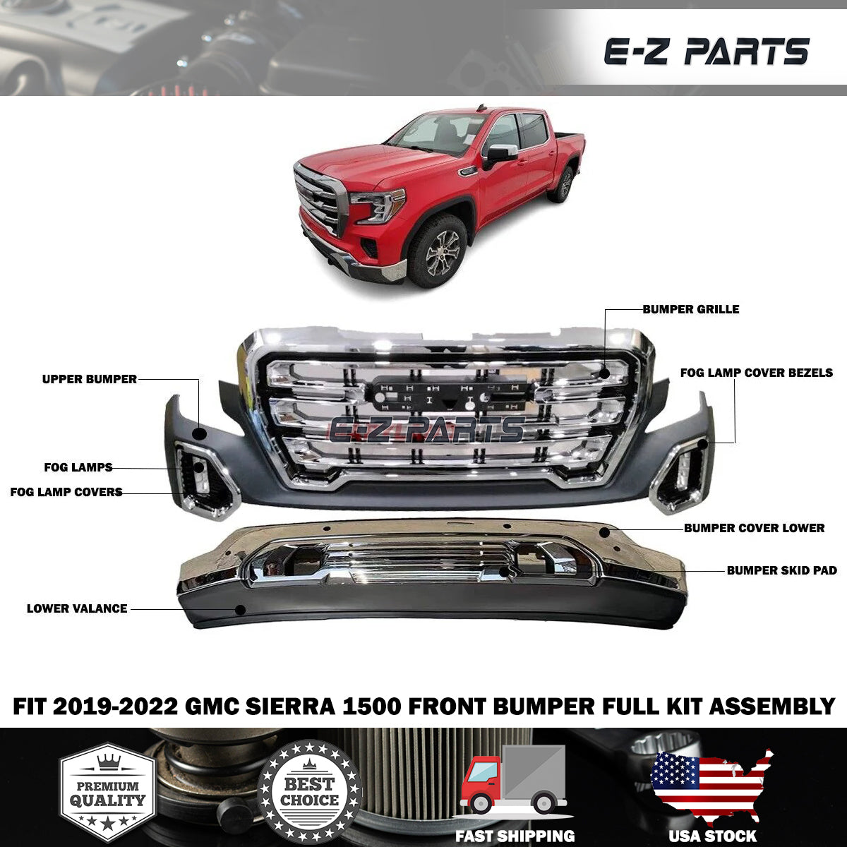 Fit 2019-2022 GMC Sierra 1500 Front Bumper Full Kit Assembly