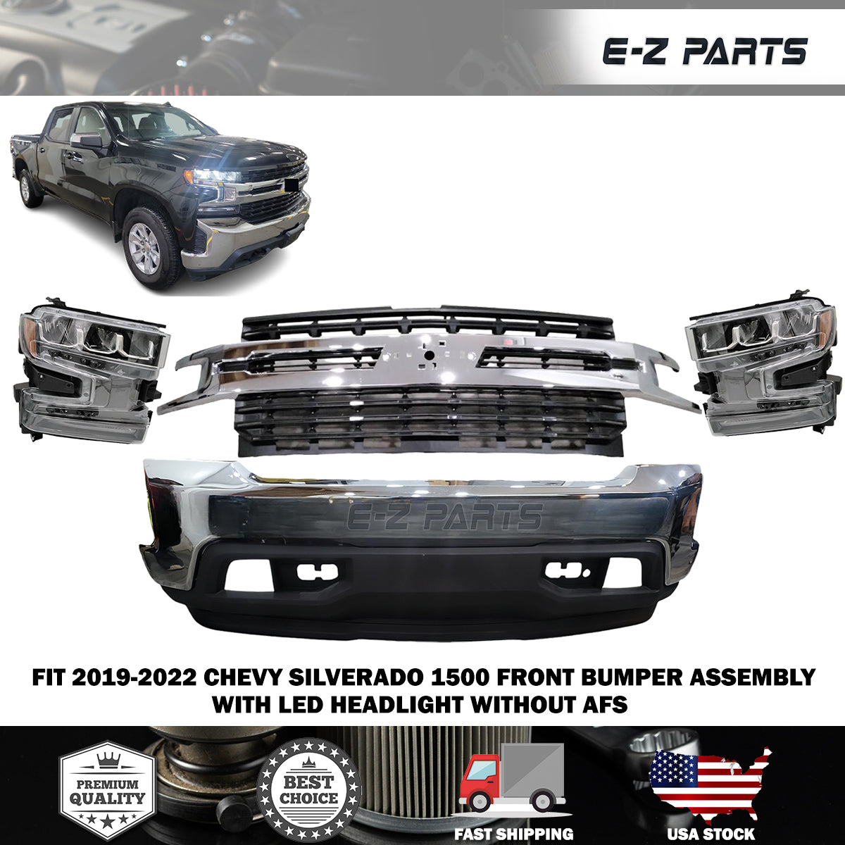 Fit 2019-2022 Chevy Silverado 1500 Front Bumper Assembly with LED Headlight
