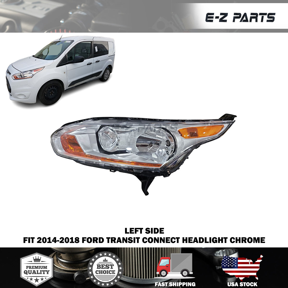 Fit 2014-2018 Ford Transit Connect Left Headlight Assembly Chrome Driver Side LH