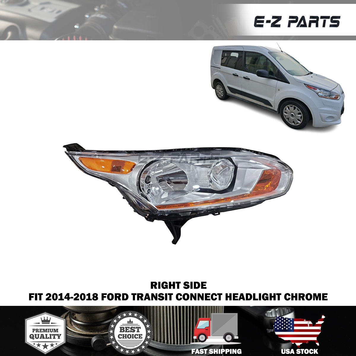 Fit 2014-2018 Ford Transit Connect Right Headlight Assembly Chrome Passenger Side RH
