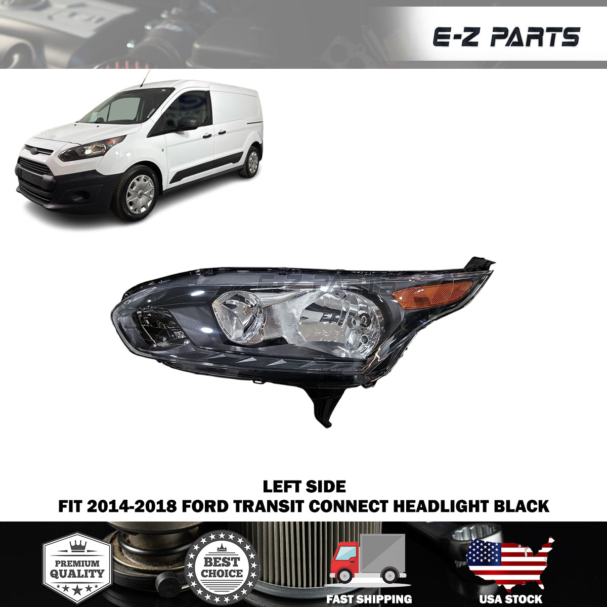 Fit 2014-2018 Ford Transit Connect Left Headlight Assembly Black Driver Side LH
