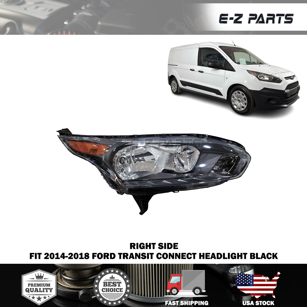 Fit 2014-2018 Ford Transit Connect Right Headlight Assembly Black Passenger Side RH