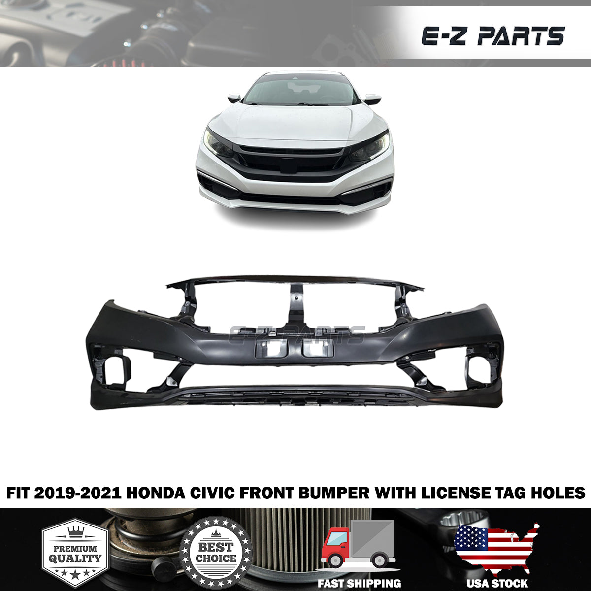 Fit 2019-2021 Honda Civic Front Bumper with License Tag Holes