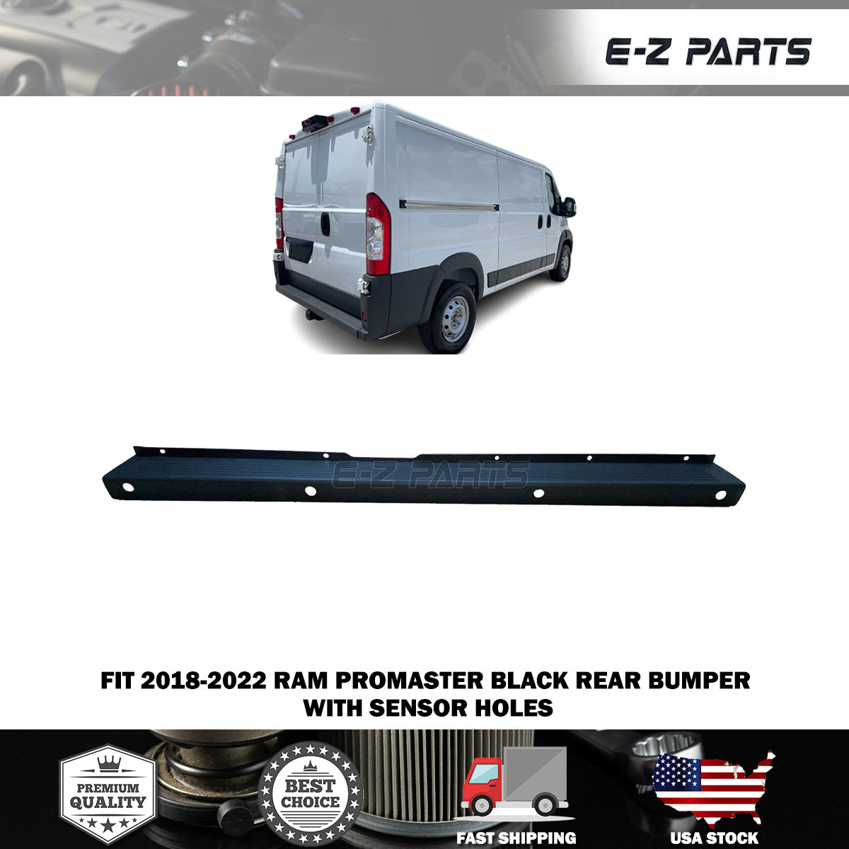Fit 2018-2022 RAM Promaster Black Rear Bumper With Sensor Holes