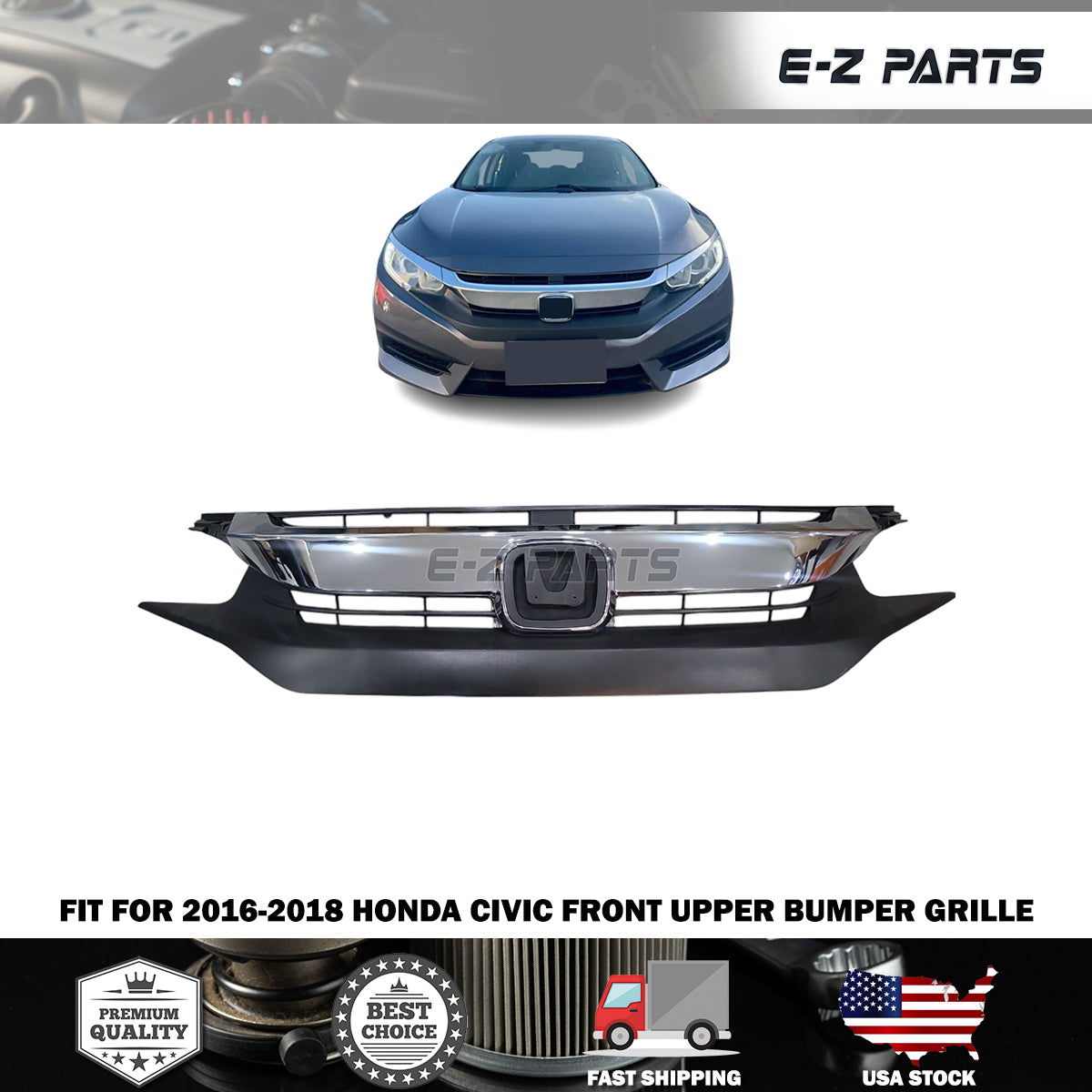 Fit 2016-2018 Honda Civic Front Upper Bumper Grille Chrome and Mesh