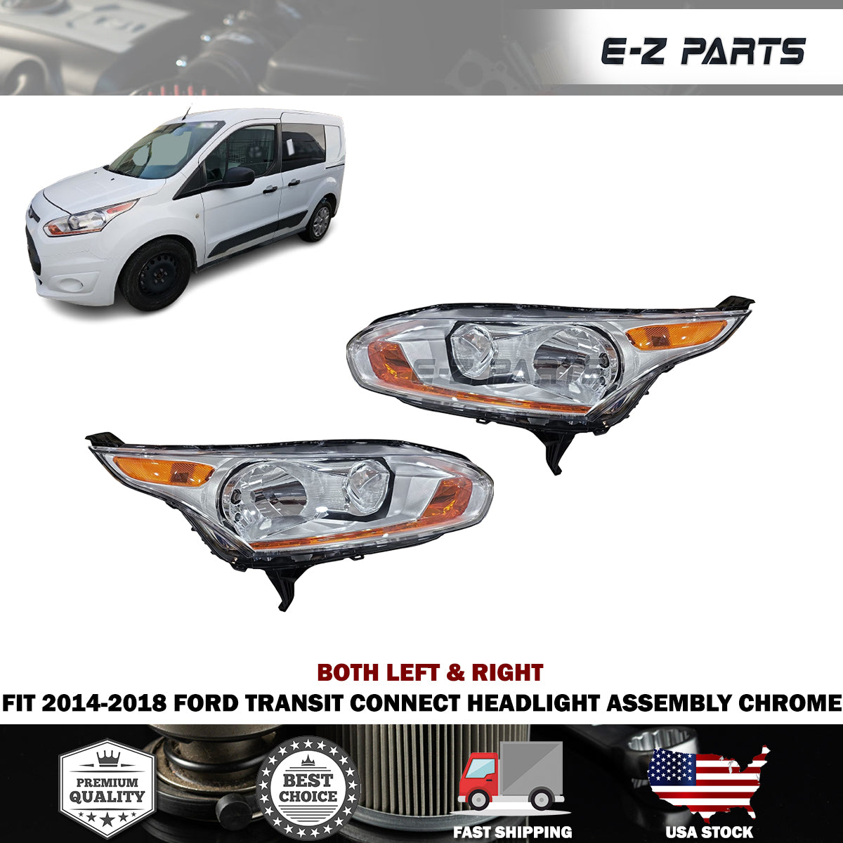Fit 2014-2018 Ford Transit Connect Both Left & Right Headlight Assembly Chrome