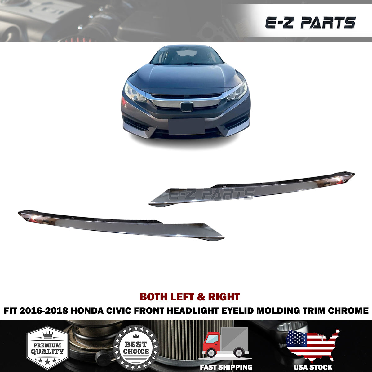 Fit 2016-2018 Honda Civic Left & Right Front Headlight Eyelid Molding Trim Chrome