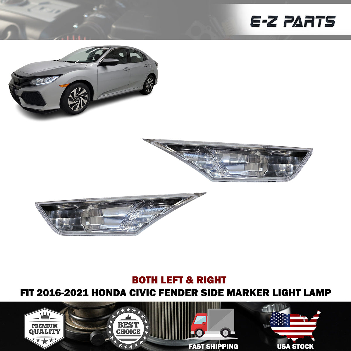 Fit 2016-2021 Honda Civic Both Left & Right Fender Side Marker Light Lamp