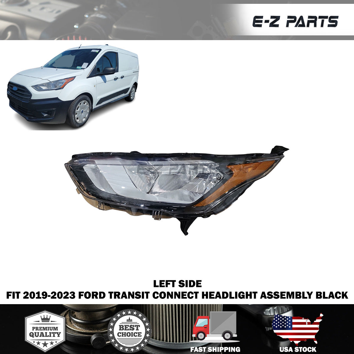 Fit 2019-2023 Ford Transit Connect Left Headlight Assembly Black Driver Side LH