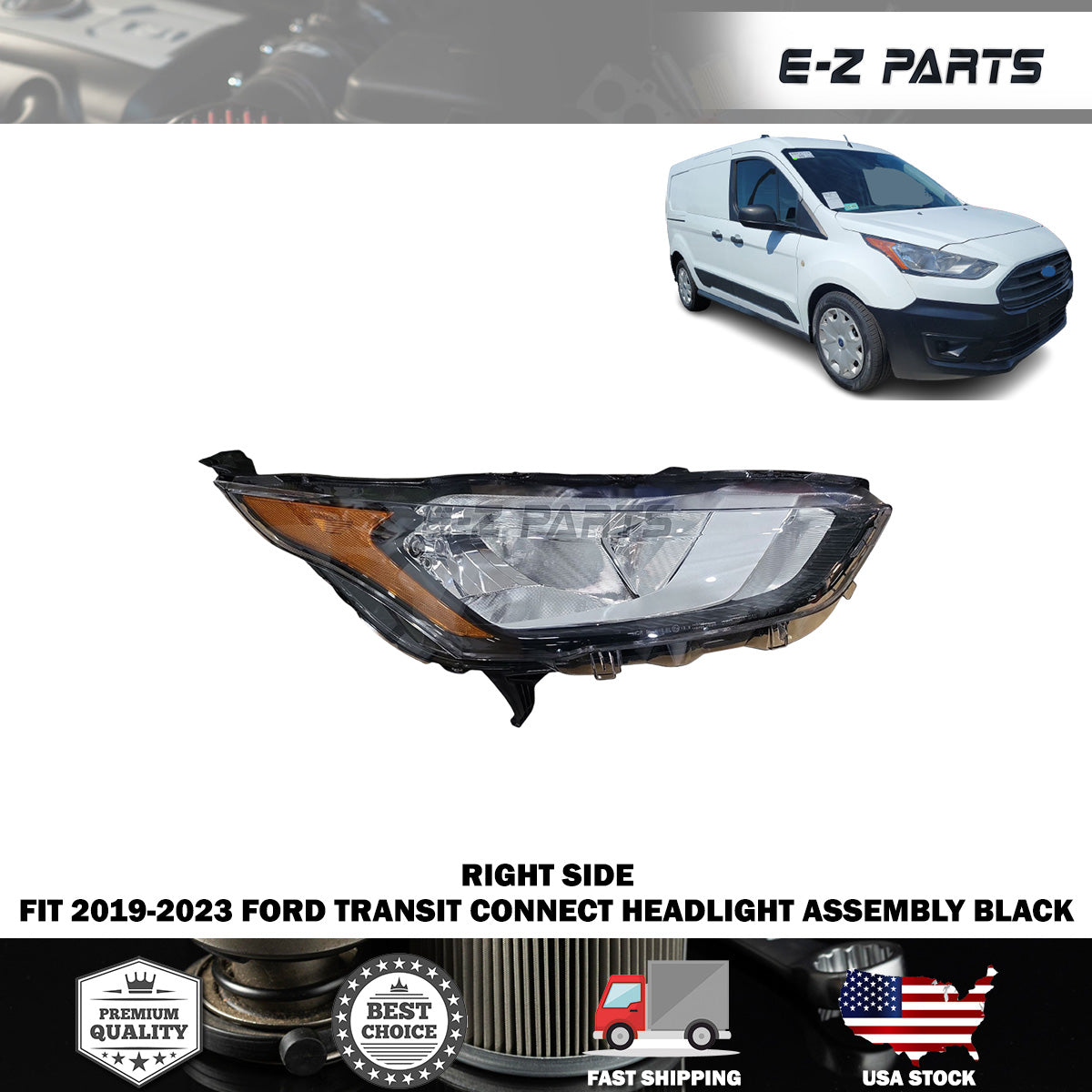 Fit 2019-2023 Ford Transit Connect Right Headlight Assembly Black Passenger Side RH