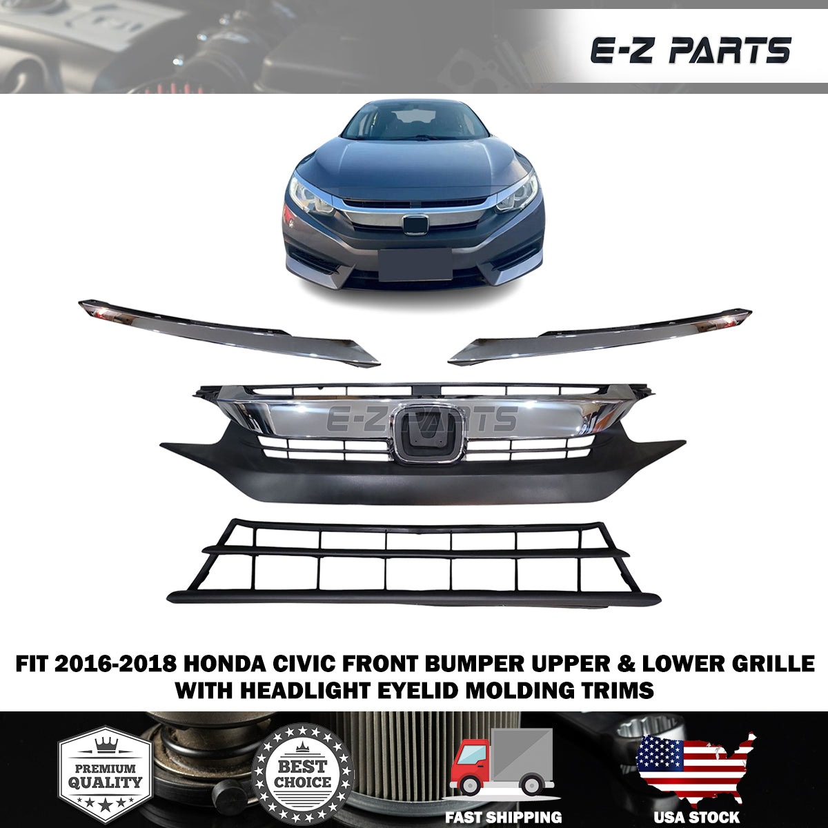 Fit 2016-2018 Honda Civic Upper & Lower Grille with Headlight Eyelid Molding Trim