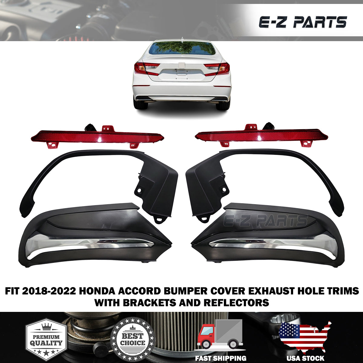 Fit 2018-2022 Honda Accord Bumper Cover Exhaust Hole Trims with Brackets and Reflectors