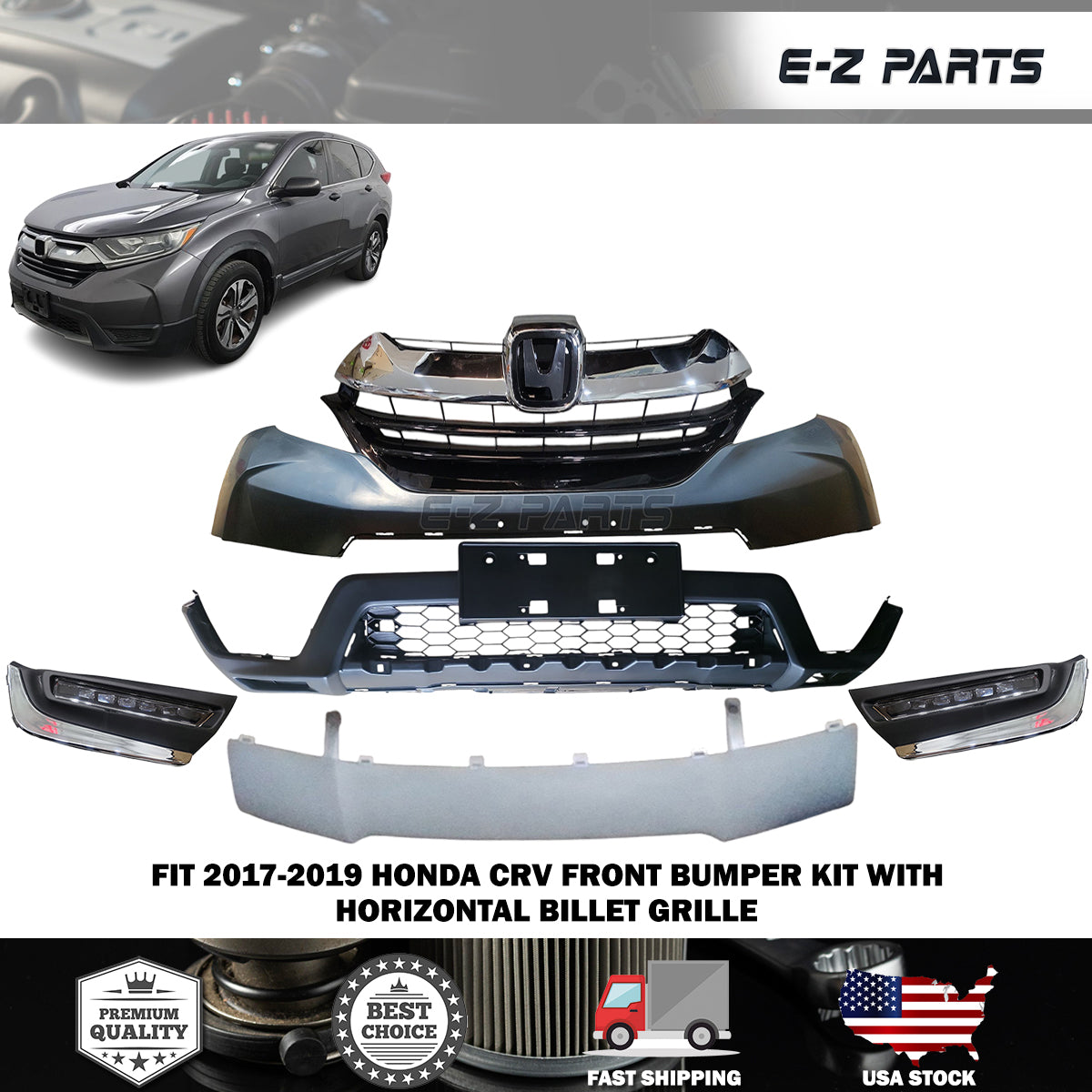 Fit 2017-2019 Honda CRV Front Bumper Kit with Horizontal Billet Grille