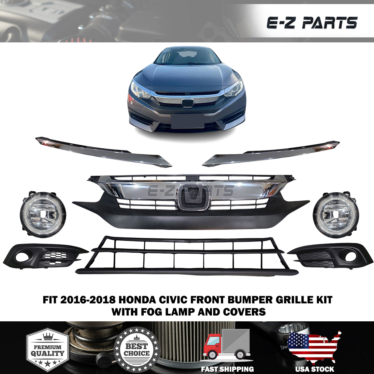 Fit 2016-2018 Honda Civic Front Bumper Grille Kit with Fog Lamp and Covers