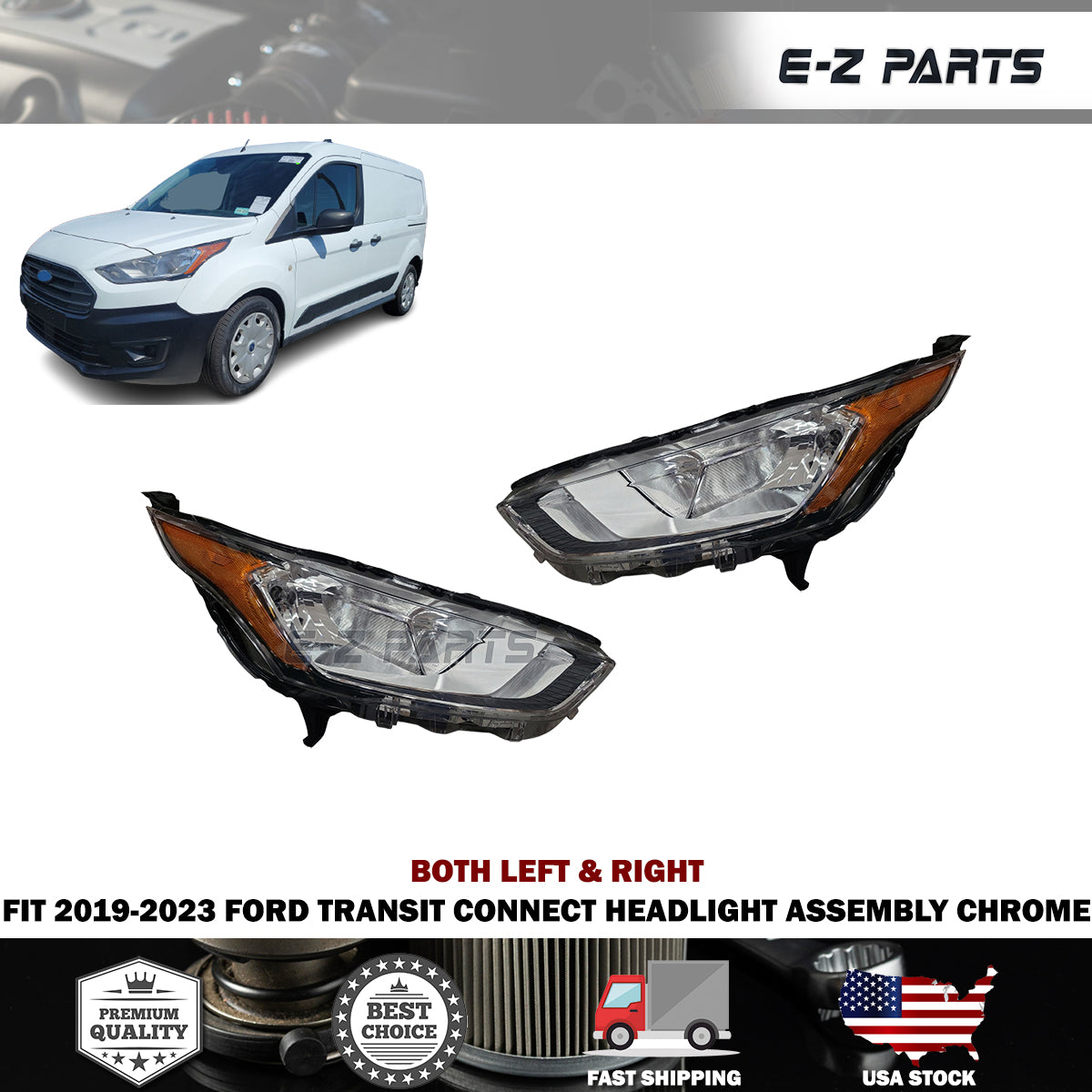 Fit 2019-2023 Ford Transit Connect Both Left & Right Headlight Assembly Chrome