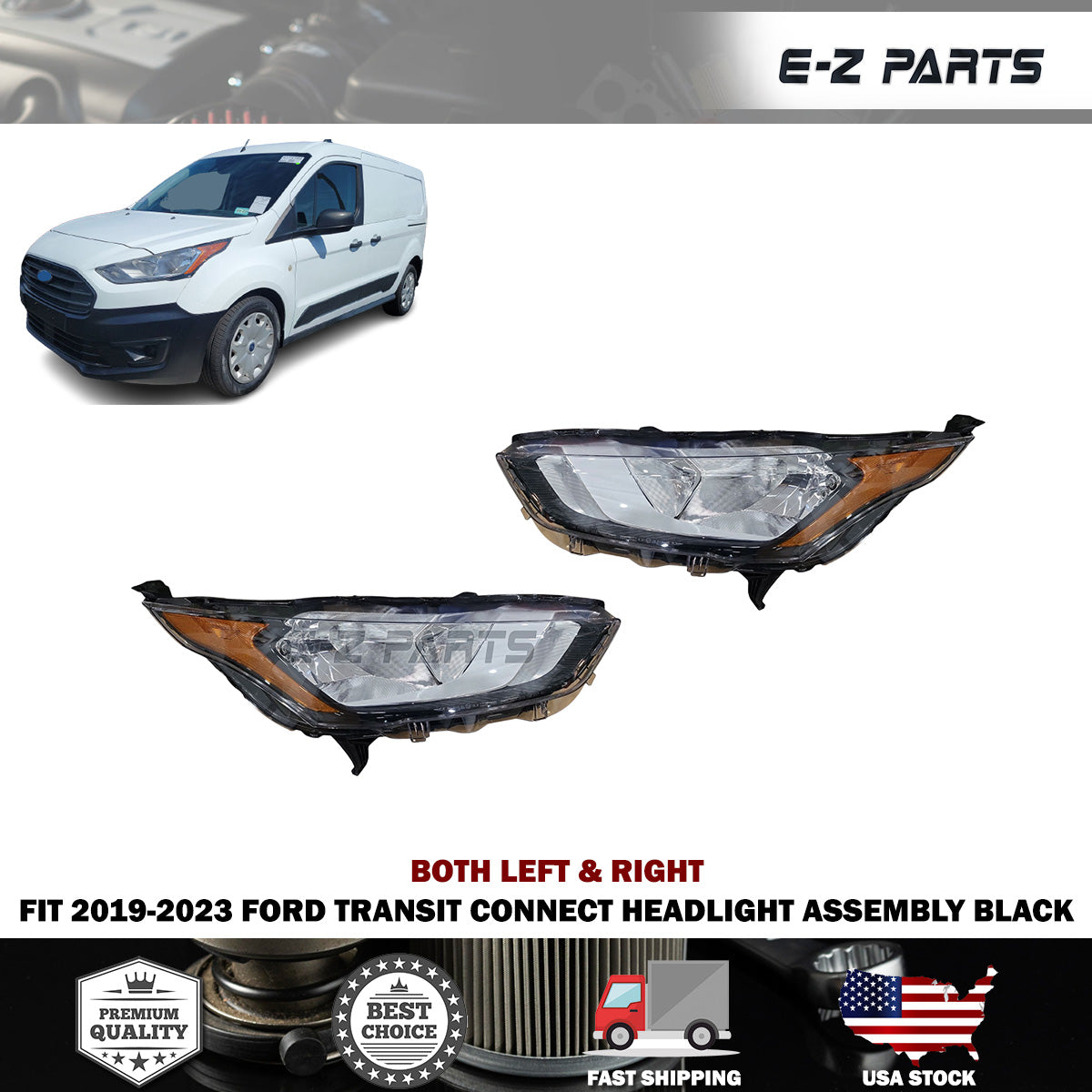 Fit 2019-2023 Ford Transit Connect Both Left & Right Headlight Assembly Black