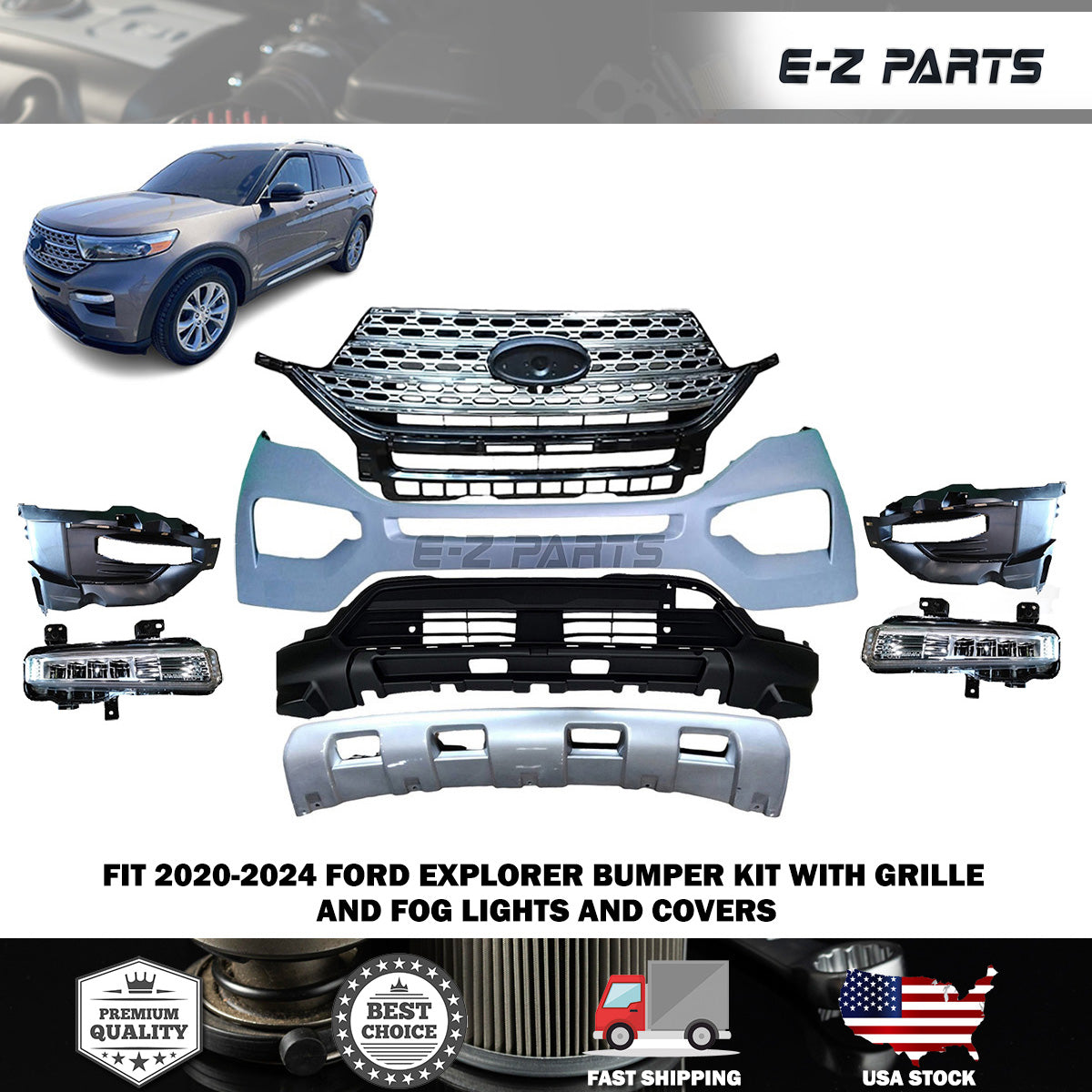 Fit 2020-2024 Ford Explorer Bumper kit with Grille and Fog Lights and Covers