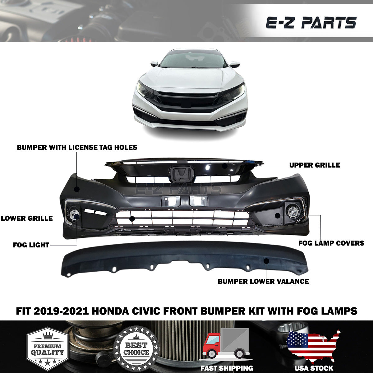 Fit 2019-2021 Honda Civic Front Bumper Kit with Fog Lamps