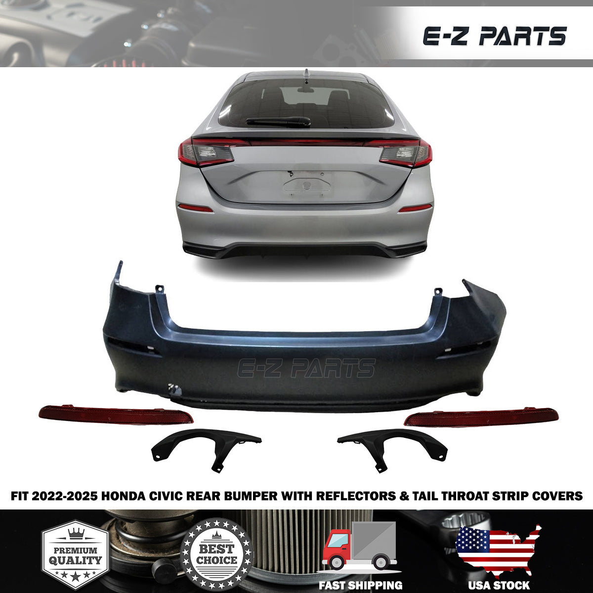 Fit 2022-2025 Honda Civic Rear Bumper with Reflectors & Tail Throat Strip Covers