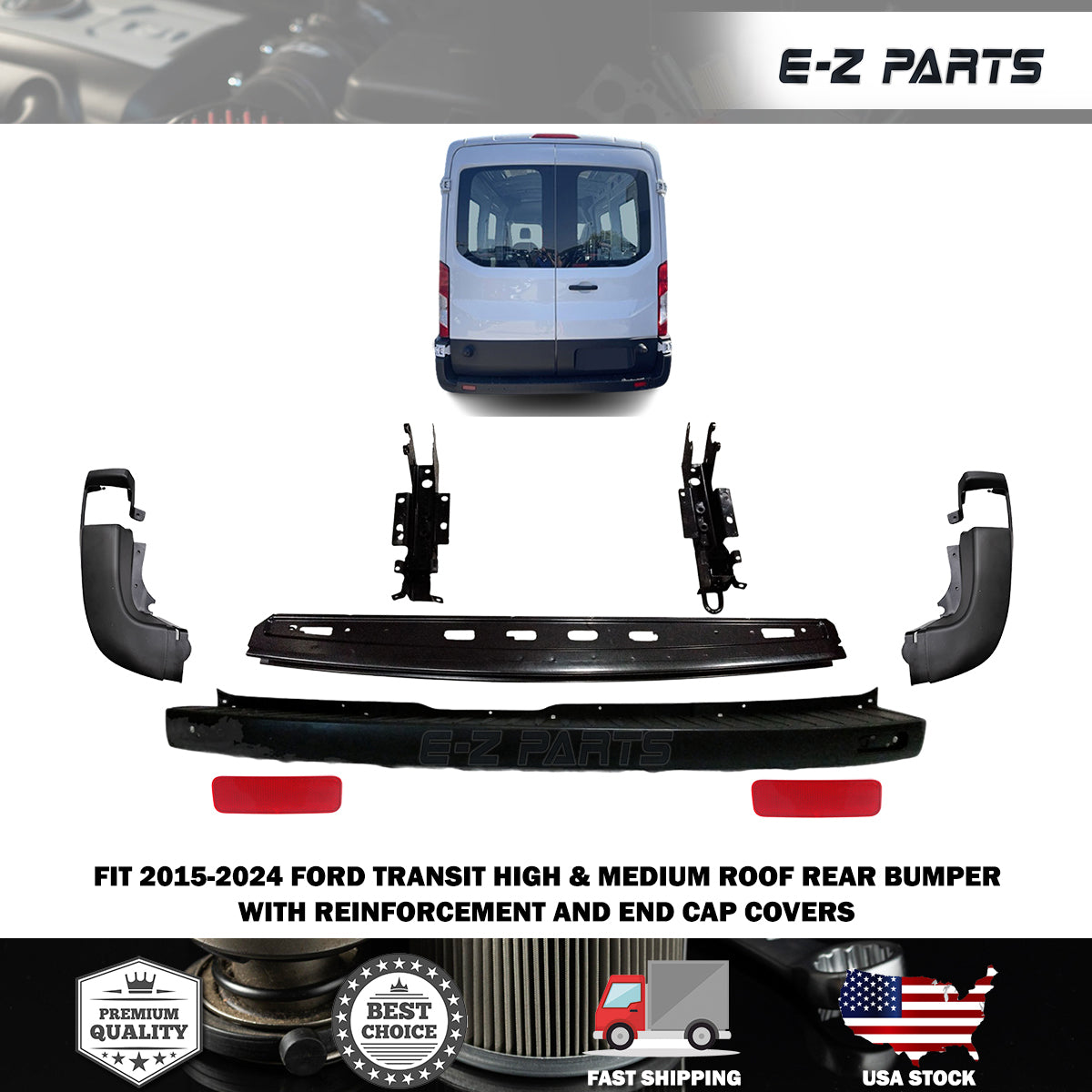 Fit 2015-2024 Ford Transit Rear Bumper with Reinforcement and End Cap Covers