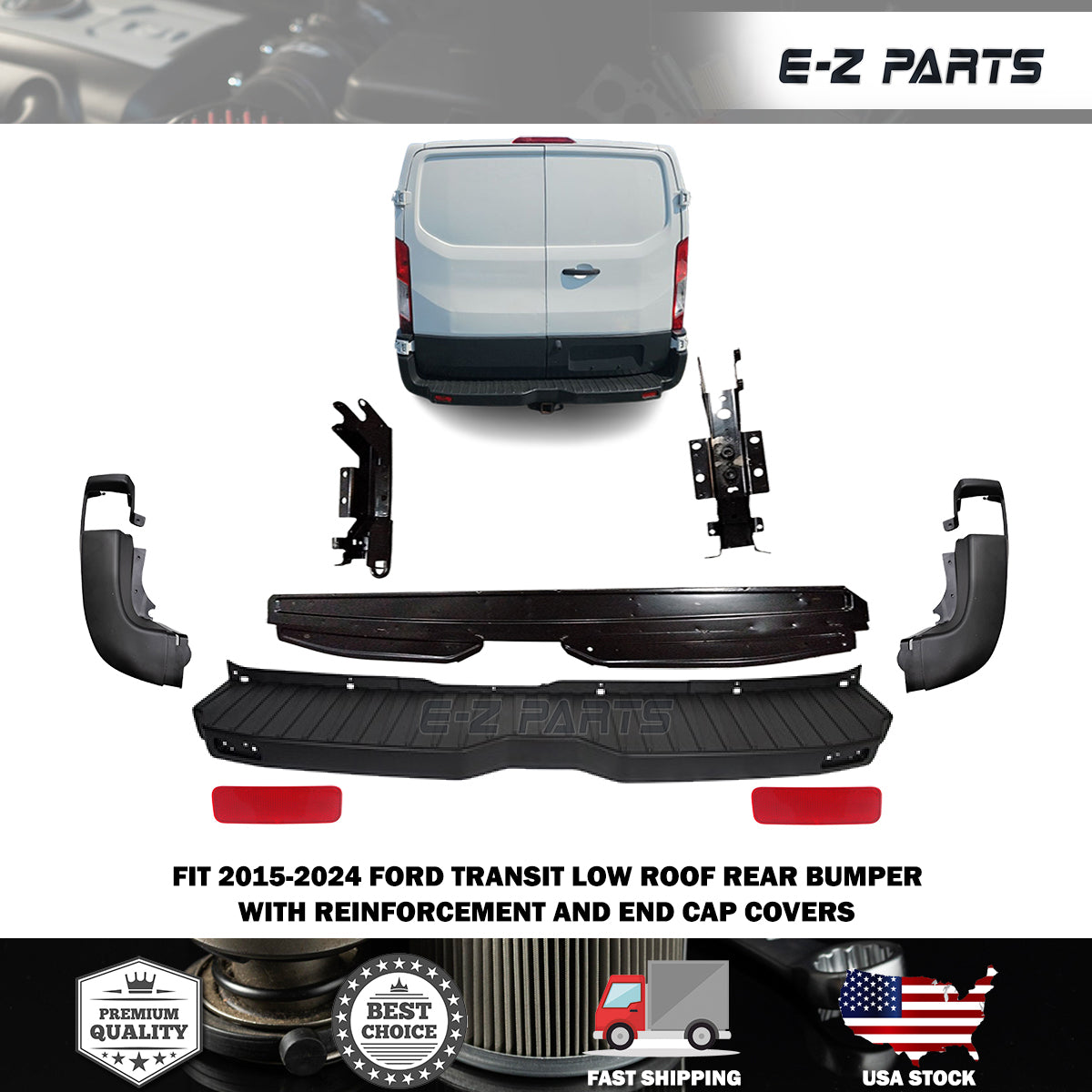 Fit 2015-2024 Ford Transit Low Roof Rear Bumper with Reinforcement and End Caps